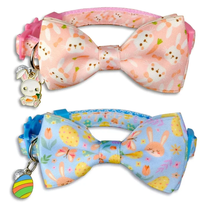 2 Pack Cat Collar With Bowtie And Charms Adjustable Breakaway Safety Design, Bunny And Pastel Egg Patterns, Soft Comfortable Nyl
