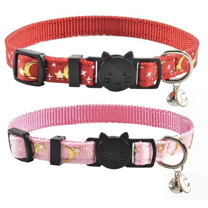 2 Pcs Breakaway Cat Collar With Bell, Cute Adjustable Kitten Collars With Accessories (Red Pink)