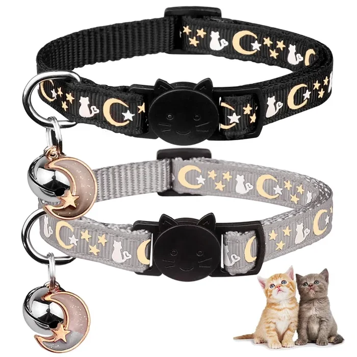 2Pcs Breakaway Cat Collars With Bell Cute Kitty Glow In The Dark Adjustable Kitten Collars 7.9-13.0 Inch(Grey&Black)