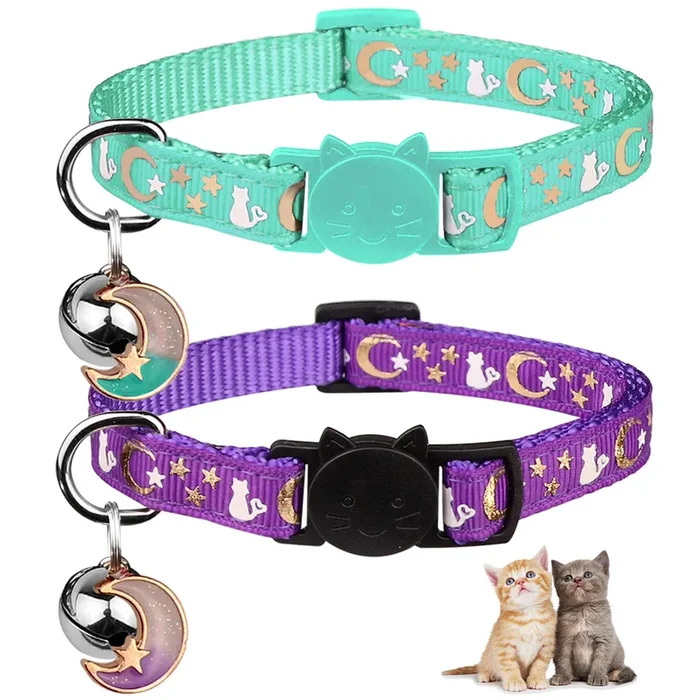 2Pcs Breakaway Cat Collars With Bell Moons Stars Cute Kitty Adjustable Safe Kitten Collars With Pendant Glow In The Dark(Purple&