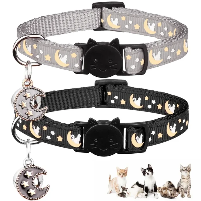 2Pcs Breakaway Cats Collars Cat Collars For Boy & Girl Cats Adjustable Kitten Collars With Bell,Black+Gray