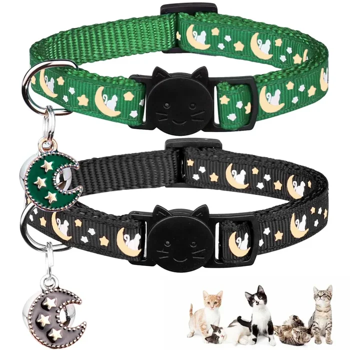 2Pcs Breakaway Cats Collars Cat Collars For Boy & Girl Cats Adjustable Kitten Collars With Bell,Black+Emerald,8′-13.1′