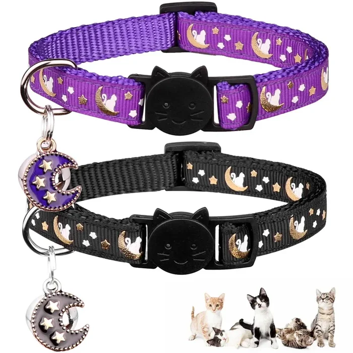 2Pcs Breakaway Cats Collars With Bell Moons Stars Adjustable Kitten Collars With Pendant Glow In The Dark(Black+Purple)