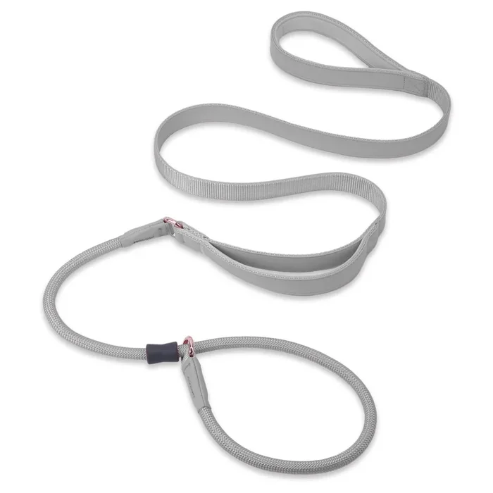 Aaufilux Slip Lead Dog Leash, Double Handle, Soft Leather, Heavy Duty Nylon, No Pull Walking, Grey, 5Ft