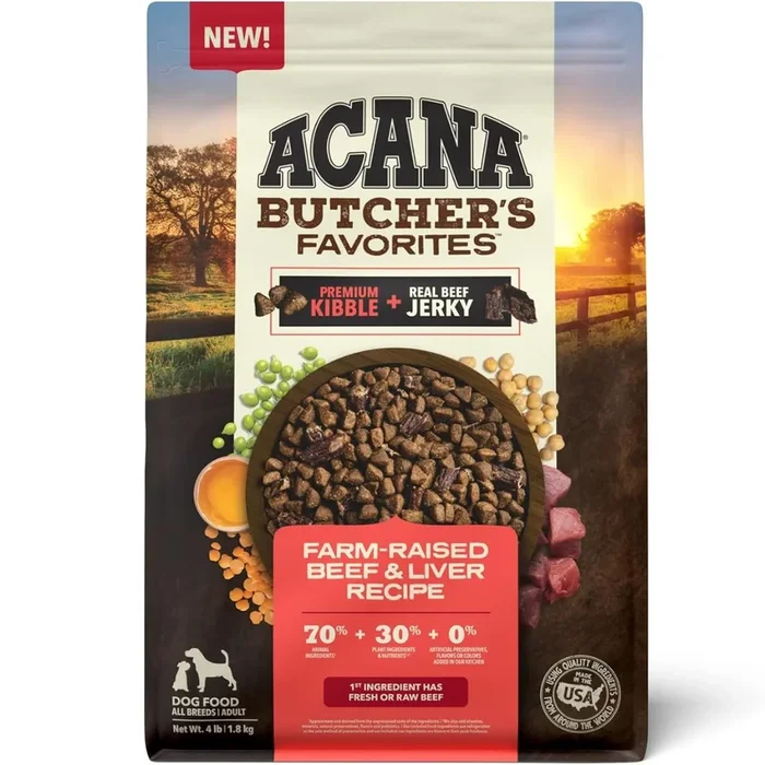 Acana Butcher’s Favorites Dry Dog Food – Farm-Raised Beef & Liver – 4lb Bag