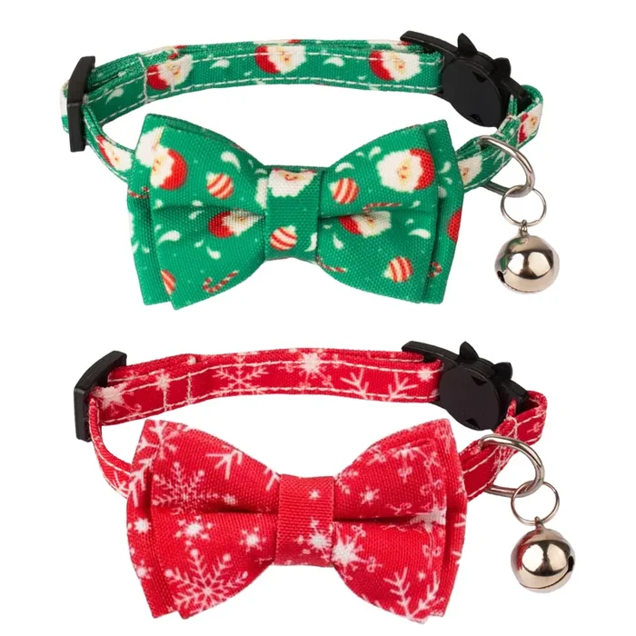 Adoggygo Christmas Cat Collar Breakaway With Bowtie Bell – 2 Pack Christmas Kitten Collar Santa Snowflake Kitten Collar With Rem