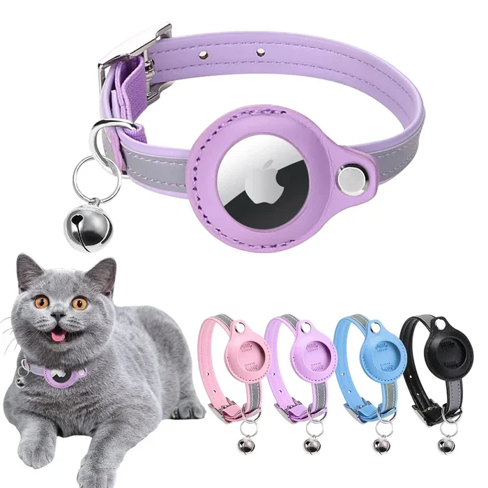 Airtag Cat Collar, Cat Collar With Bells, Reflective Gps Cat Collar, Cat Tracker Collar Leather Cat Collar For Cats (Blue-M (Purple, Xs(7.5-10.2′))
