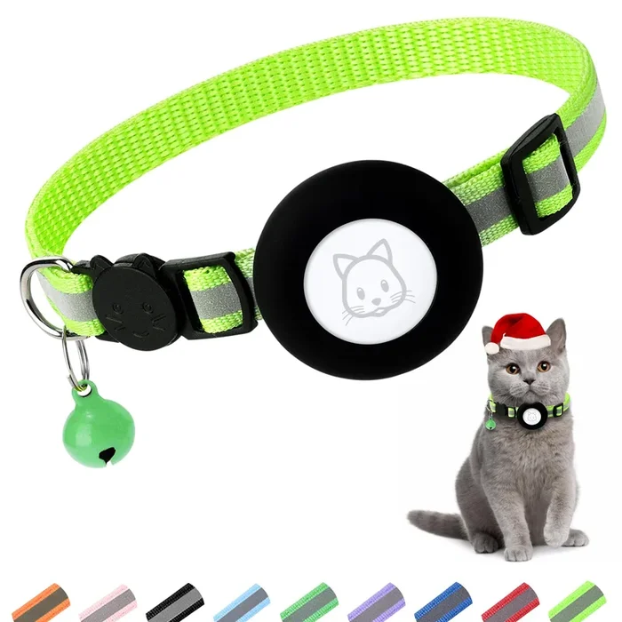 Airtag Cat Collar With Bell And Safety Buckle – 3/8” Width, Reflective, Waterproof Holder Compatible With Apple Airtag For Cat,