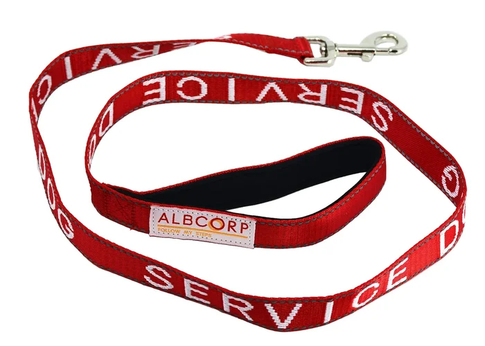 Albcorp Service Dog Leash – Embroidered- With Padded Neoprene Handle And Reflective Threads, 4 Feet, For Harnesses, Vests Or Collars, Red