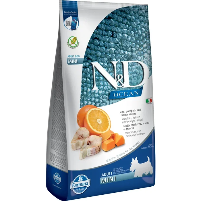 Aliments pour chiens sèches – N & D – Océan – COD, Pumpkin & Orange – Mini adulte