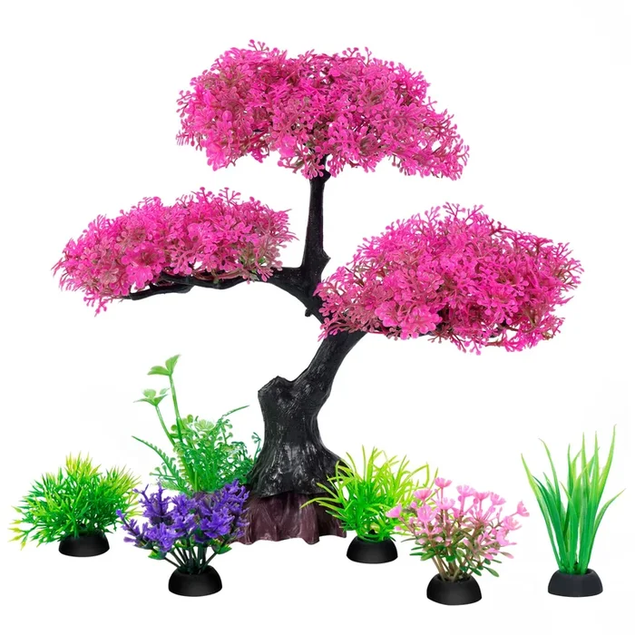 Ameliade Aquarium Artificial Plastic Plants Decoration, Pink Cherry Blossom Tree & Grass Aquarium Decor Set, Goldfish Betta Fish Tank Decorations Hides Accessories(Pink