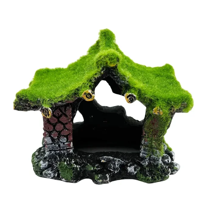 Aquarium Decoration House Resin Hollow Hideout House, Betta Fish Hide Accessories Cave Ornament Tank Small Fish Hideaway With Moss