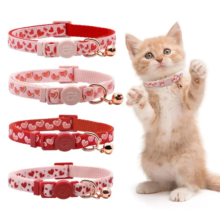 azuza 4 Pack Valentines Kitten Collar with Bell Valentines Day Breakaway Kitten Collars with Cute Heart Pattern Adjustable Size