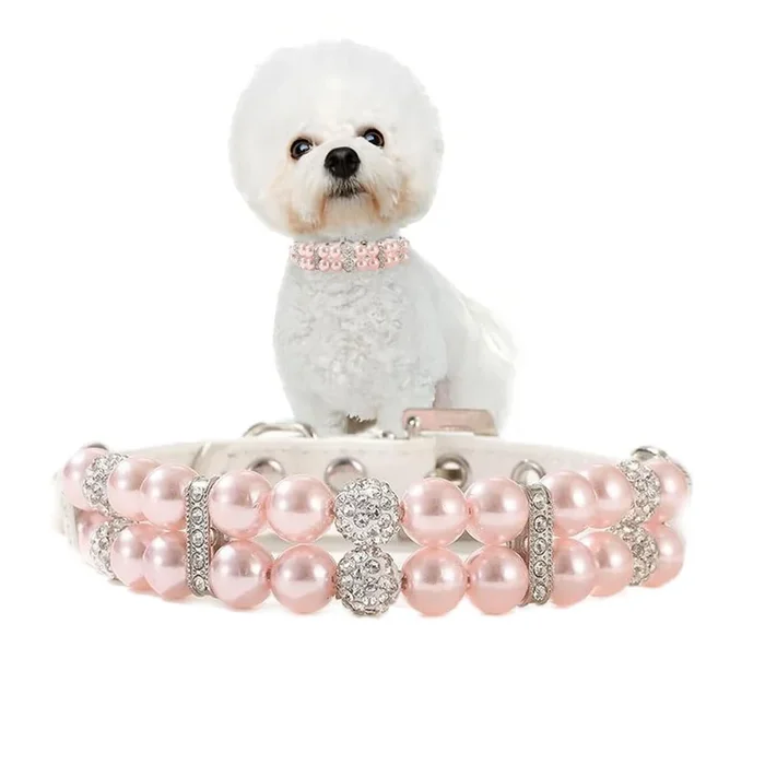 Beaded Dog Collar, Pink Pearl Cat Collar Cute Pu Leather Girls Dog Necklace With Crystal Diamond Rhinestone Jewlled For Small Me