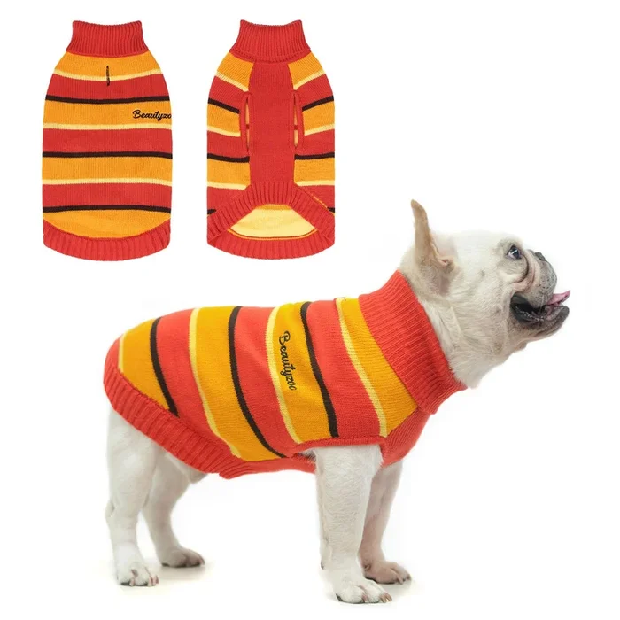 Beautyzoo Small Dog Sweater- Striped Pet Sweaters For Fall Winter Dog Clothes, Turtleneck Pullover Cable Knitwear For Small Medi