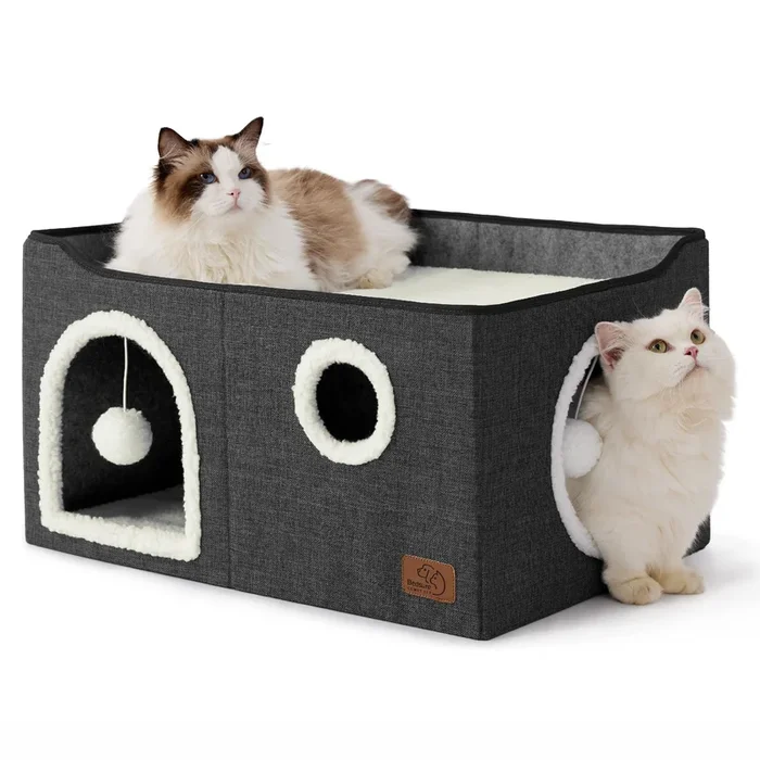 Bedsure Extra-Wide Cat House For Indoor Cats – Large Cat Cave For Pet Cat House With Fluffy Ball Hanging And Scratch Pad, Foldable Cat Hideaway For Multi Cats, 23.6X16.9X13 Inches, Dark Grey