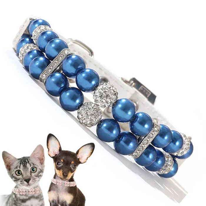 Blue Pearl Puppy Collar, Fancy Crystal Bling Pearl Puppy Collar Rhinestone Luxury Beaded Necklace Diamond Girl Pet Jewelry For X