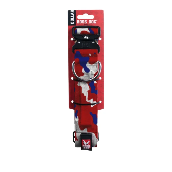 Boss Dog Tactical Adjustable Dog Collar Red, White, & Blue MD 15-18in