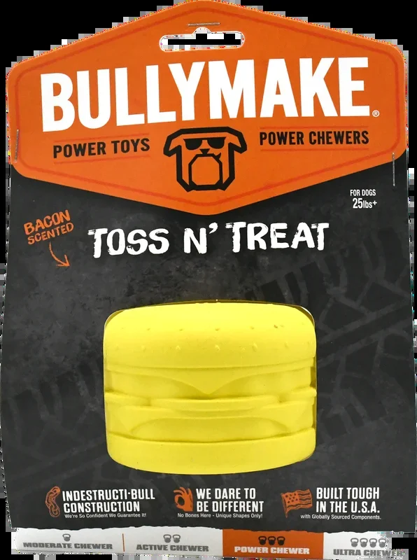 BullyMake Toss n’ Treat Flavored Dog Chew Toy Cheeseburger Bacon One Size