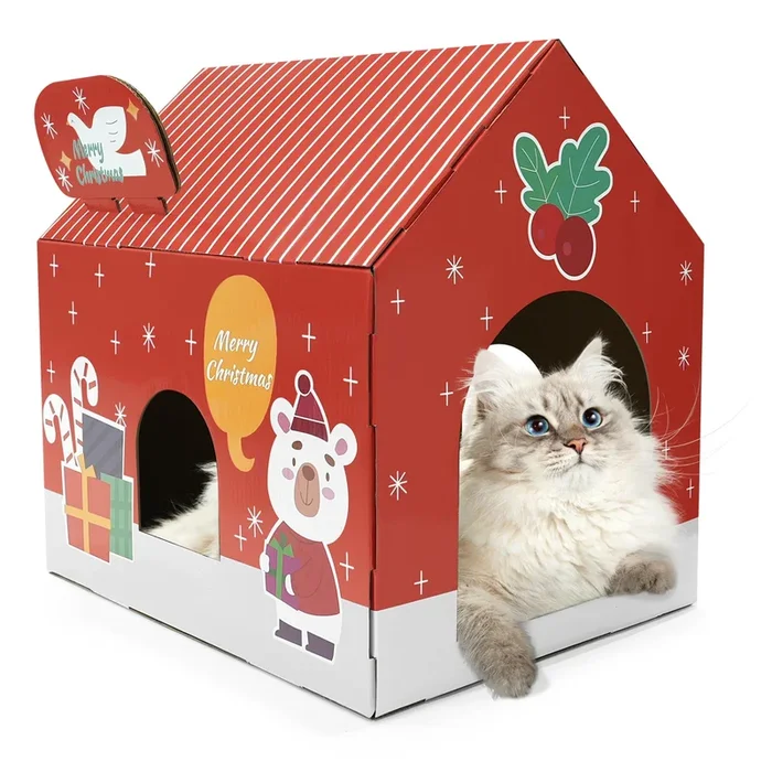 Christmas Cardboard Cat House With Scratching Pad (15”X12”X15”) Cat Play House For Indoor Cats, Christmas Decorations Scratch