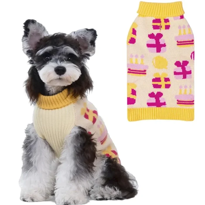 Cutebone Birthday Dog Sweater For Small Dogs Gift Knit Yellow Turtleneck Pet Winter Clothes Cat Apparel With Harness Hole