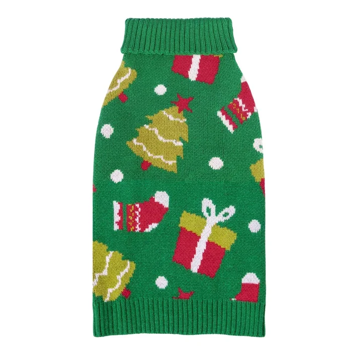 Cutebone Christmas Green Dog Sweater For Small Dogs Tree Knit Puppy Sweater Turtleneck Pet Winter Clothes Cat Apparel With Harne