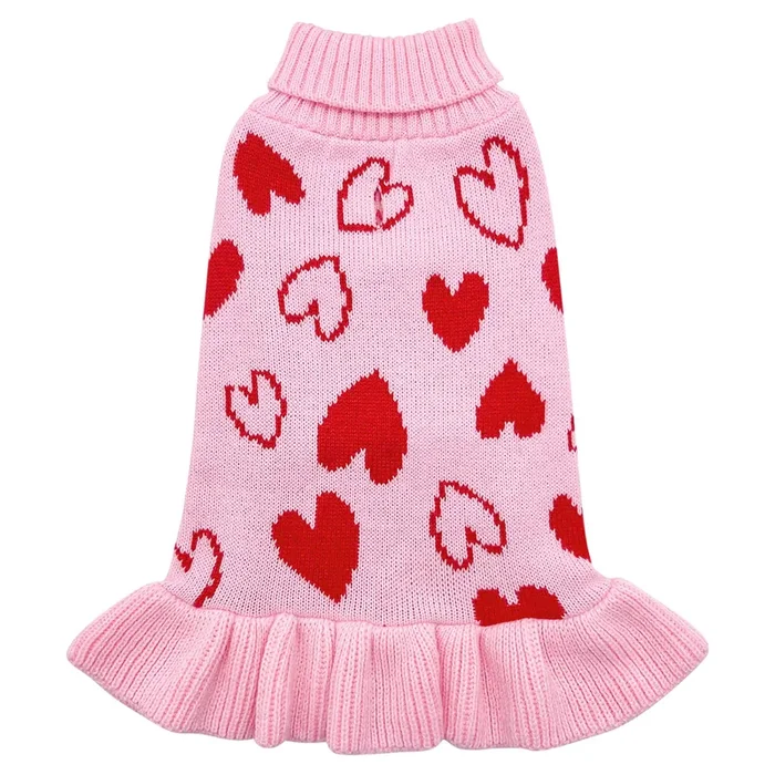 Cyeollo Dog Sweater Dress Dog Clothes Pullover Turtleneck With Leash Hole Heart Pattern Holiday Outfit Female Pet Apparel Valent