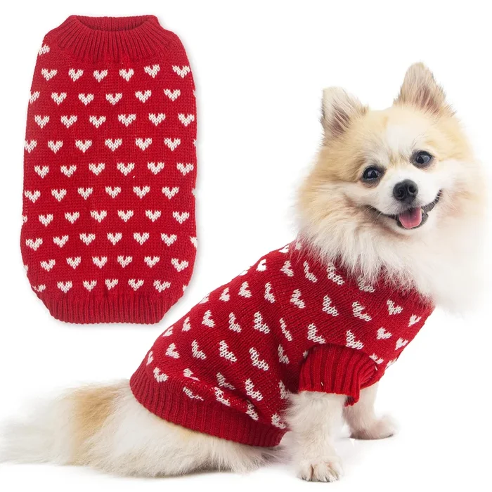 Dog Sweater Heart Puppy Sweater Warm Soft Pet Cloth Dog Outfits For Small Dogs And Cats (Red, L)