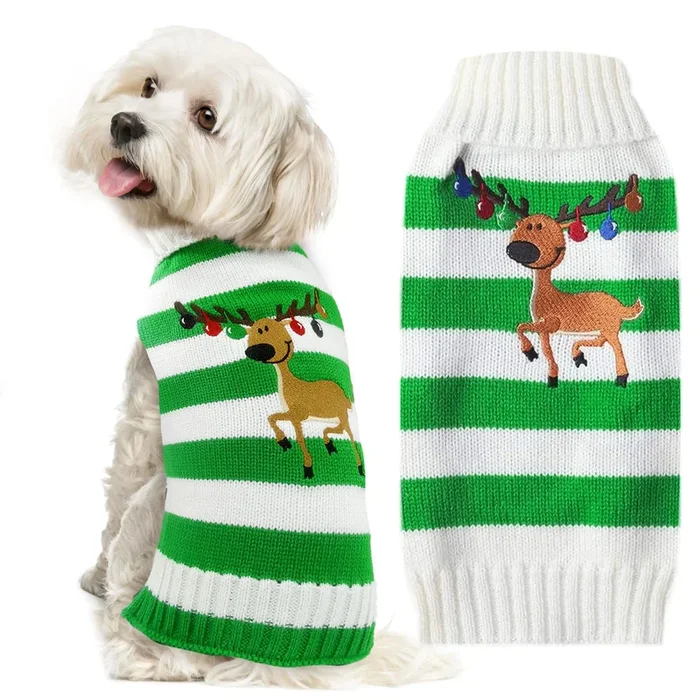 Doggyzstyle Christmas Dog Sweaters Xmas Pet Outfits Striped Elk Costume Holiday Clothes Gifts Puppy Cat Knitted Jumpers (Xs,Gree