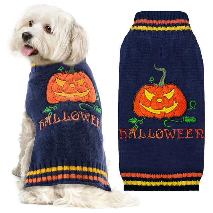 Doggyzstyle Dog Halloween Sweater Pumpkin Halloween Dog Cat Costumes With Leash Hole Puppy Turtleneck Knitwear For Small Midum Large Dogs Winter Warm Pet Clothes Funny Holiday Party Outfit (Blue,S)