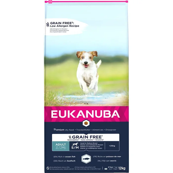 Eukanuba Grain Free Small & Medium Breed Adult Dry Dog Food Fish 12kg