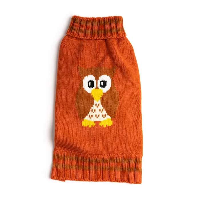 Fab Dog Americana Classics Knit Dog Sweater, Orange Owl, 8”