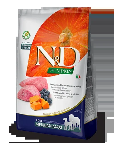 Farmina N&D Grain Free Lamb, Pumpkin and Blueberry Adult Medium and Maxi – 26.4 lb Dry Dog Food