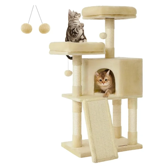 Feandrea Cat Tower, 45.3-Inch Cat Condo With Scratching Post, Ramp, Perch, Spacious Cat Cave, For Kittens, Elderly Cats, Adult C