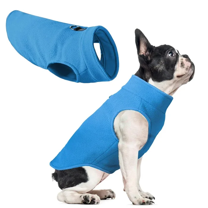 Fleece Dog Sweater Vest, Soft Warm Pullover, Winter Dog Clothes – Stretchy Fleece Vest With D Ring Leash (Blue, S)