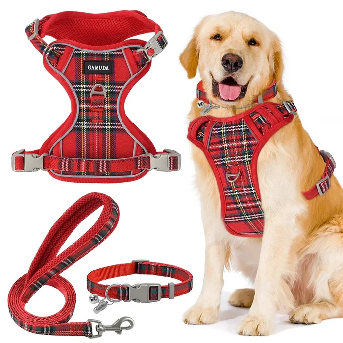 GAMUDA Dog Harness Collar and Leash Set, Dog Harness, No Chock No Pull Adjustable Vest Harnesses Plaid Reflective for Medium Dog