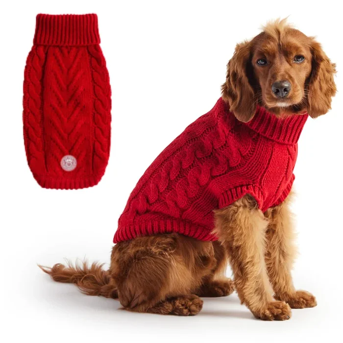 Gf Pet Chalet Cable Knit Dog Sweater – Snuggly Turtleneck Pullover For Small Medium Large Dogs | Chunky Knit Stretch Fit | Soft Ribbed Acrylic | Multi-Knit Doggy Sweaters – Red – 2X Large