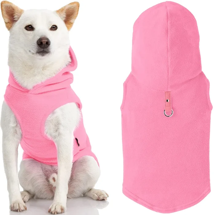 Gooby Fleece Vest Hoodie Dog Sweater – Pink, Medium – Warm Pullover Dog Hoodie With O-Ring Leash – Winter Hooded Small Dog Sweater – Dog Clothes For Small Dogs Boy Or Girl, And Medium Dogs