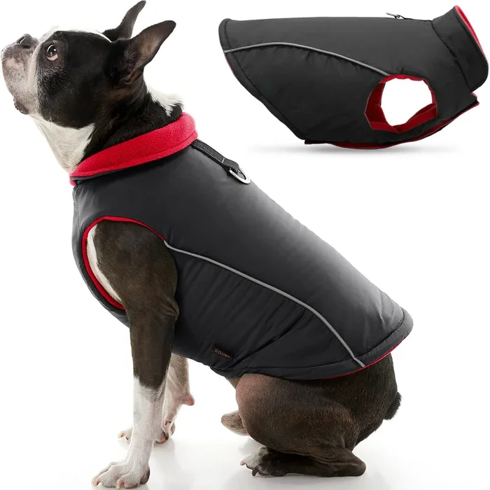 Gooby Sports Vest Dog Jacket – Black, Medium – Reflective Dog Vest With D Ring Leash – Warm Fleece Lined Small Dog Sweater, Hook And Loop Closure – Dog Clothes For Small Dogs Boy Or Girl Dog Sweater