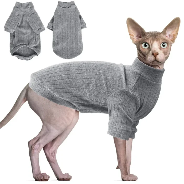 Idepet Sphynx Hairless Cats Sweater Shirt Kitten Soft Puppy Clothes Pullover Cute Cat Pajamas Jumpsuit Skin-Friendly Cotton Apparel Pet Winter Turtleneck For Cats And Small Dogs(X-Large, Gray)