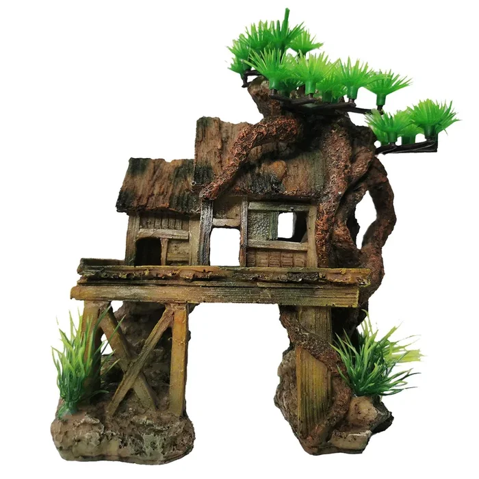 Kathson Aquarium Decorations Fish Tank Ornaments House On Terrace With Tree Root Resin Handicrafts For Betta Fish