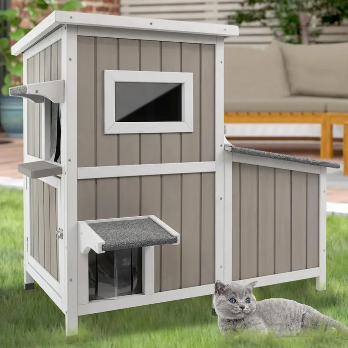 Ketive Feral Cat House Outdoor Cat Shelter Weatherproof Large Wooden 3-Rooms Stray Cat Shelter Indoor 2 Story Cat House For Fera