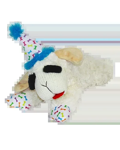 Multipet Lamb Chop with Birthday Hat – 10.5 in Blue Dog Toy
