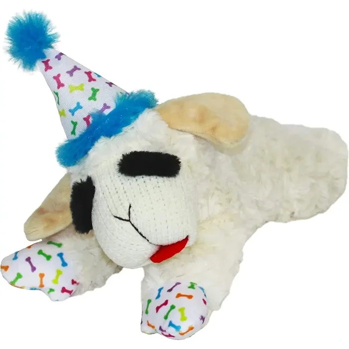 Multipet Lamb Chop with Birthday Hat Dog Toy, Blue 10.5″ Interactive Fun