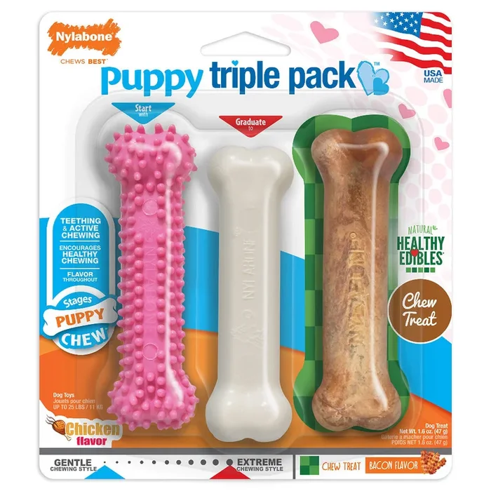 Nylabone – Puppy Chew Variety Toy & Treat Triple Pack Pink Bone