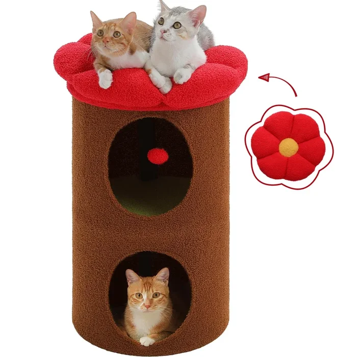 Petepela 2-Level Cat Beds For Indoor Cats, Cat Tree House With Removable Flower Bed, Cute Cats Hideaway, Indoor Cat Tree Condo,