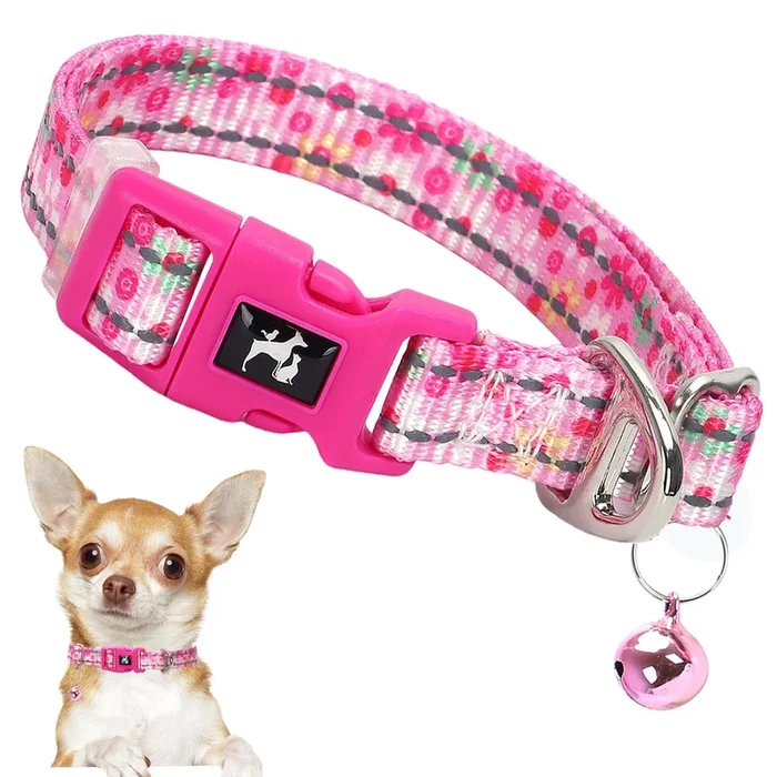 Pink Puppy Collar With Bell – Reflective Adjustable Nylon Kitten-Safe Collar For Small Dogs & Cats, Soft Flower Pattern Design F