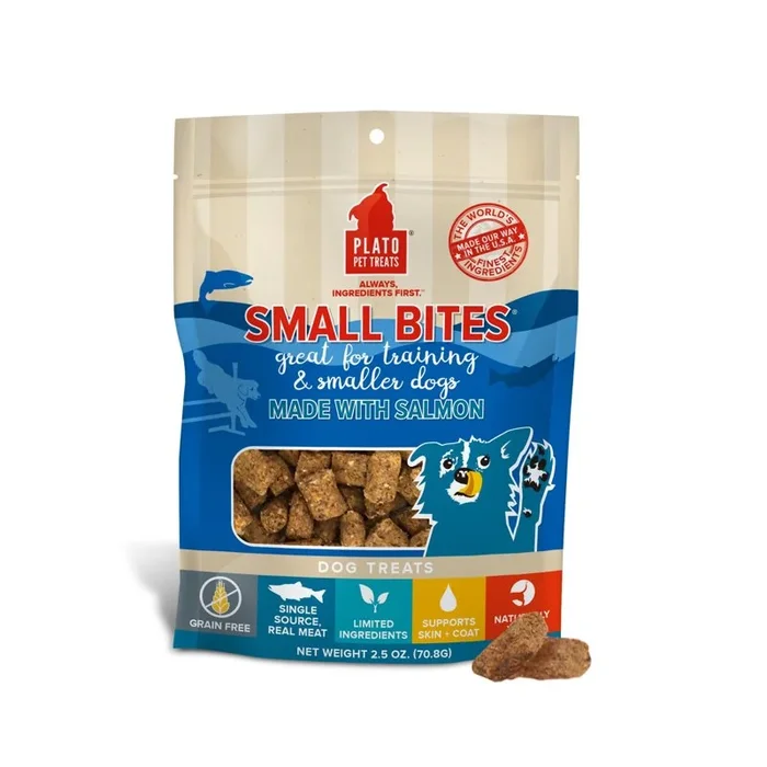 PLATO Small Bites Dog Treats, Natural Bite Sized Real Meat & Salmon Flavor, Grain Free & High in Protein, Air Dried Authentic Ingredients, 2 Calories Per Treat, Made in the USA, 2.5 Ounces