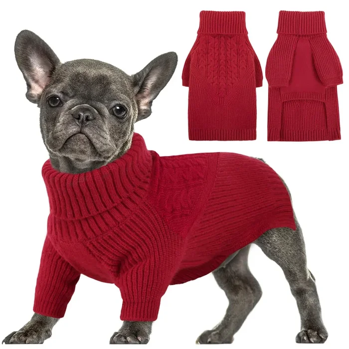 Queenmore Puppy Sweaters – Warm Winter Or Fall Dog Sweaters ( Solid Turtleneck Knit, Red ) For Dog Girls & Boys, Small To Large