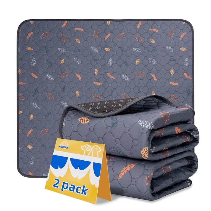 Sunheir Washable Pee Pads For Dogs 2-Pack Reusable Puppy Pads Pet Training Pads, Waterproof Dog Pee Pads For Crate, Whelping Pad, Non-Slip Protects Against Urine Leakage (Leaves – Light Grey, 31X36)